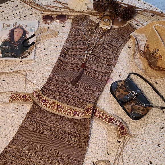 NWT BO HO CROCHET BEIGE UNIQUE LONG DRESS COVERUP - Picture 8 of 16
